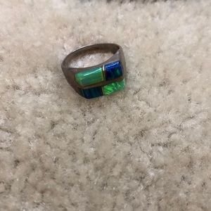 Silver blue and green stone ring